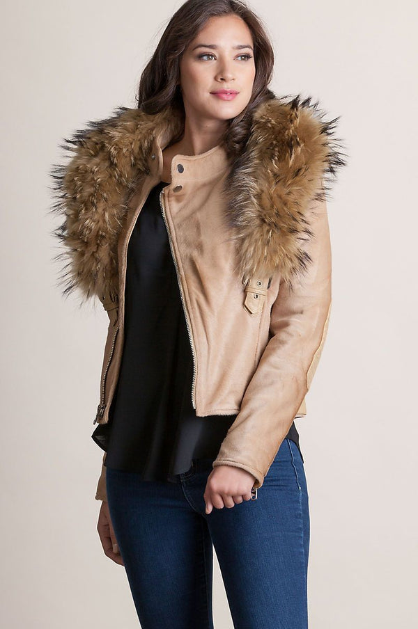 Starr Calfskin Leather Moto Jacket with Detachable Raccoon Fur Collar