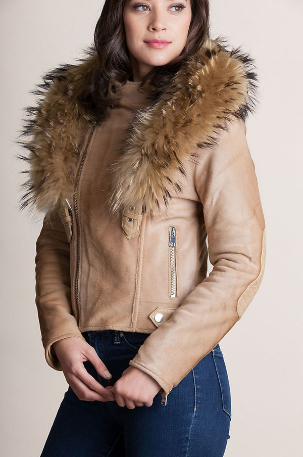 Starr Calfskin Leather Moto Jacket with Detachable Raccoon Fur Collar