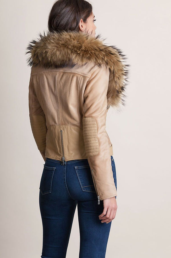 Starr Calfskin Leather Moto Jacket with Detachable Raccoon Fur Collar