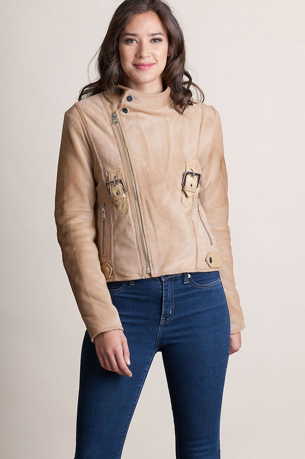 Starr Calfskin Leather Moto Jacket with Detachable Raccoon Fur Collar