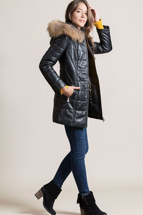 Maria Hooded Lambskin Leather Jacket with Raccoon Fur Trim