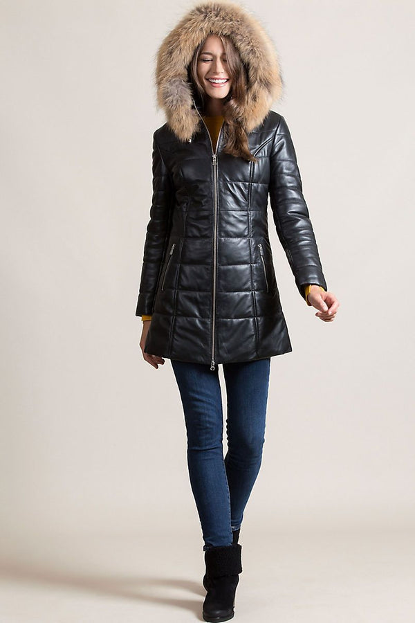 Maria Hooded Lambskin Leather Jacket with Raccoon Fur Trim