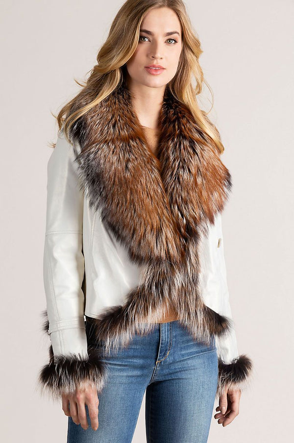 Celestine Lambskin Leather Moto Jacket with Fox Fur Trim