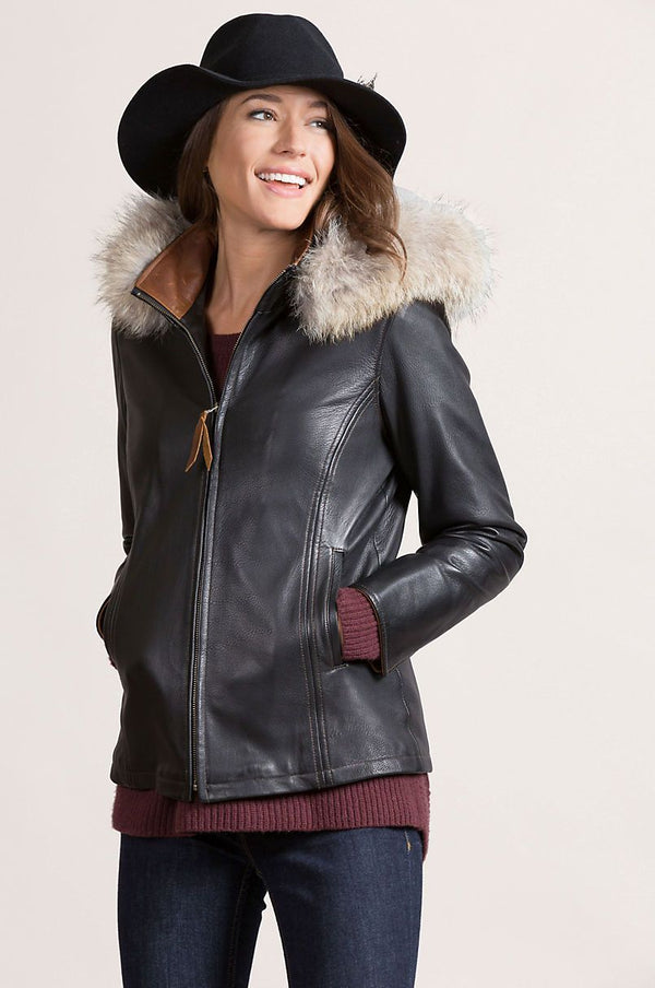 Marie Claire Lambskin Leather Jacket with Coyote Fur Trim