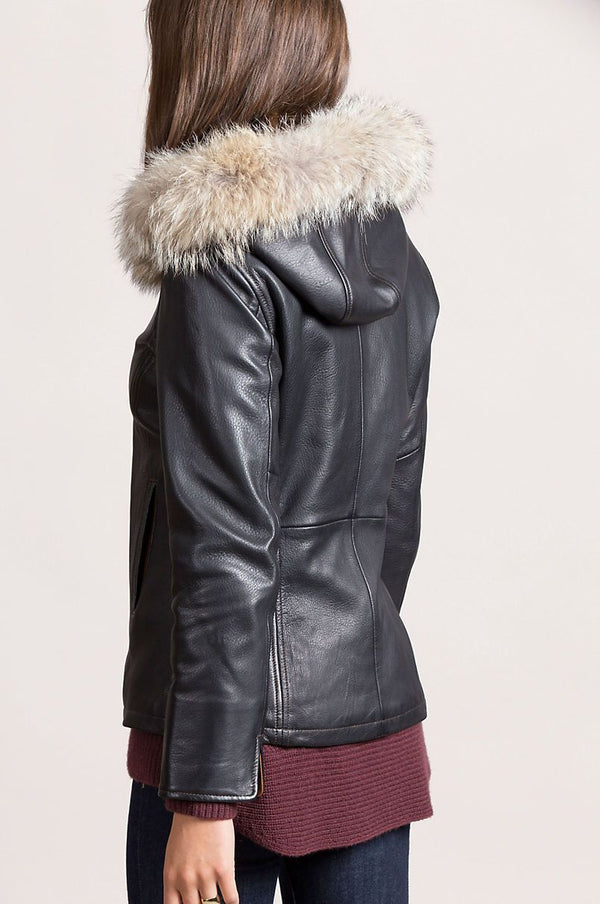 Marie Claire Lambskin Leather Jacket with Coyote Fur Trim