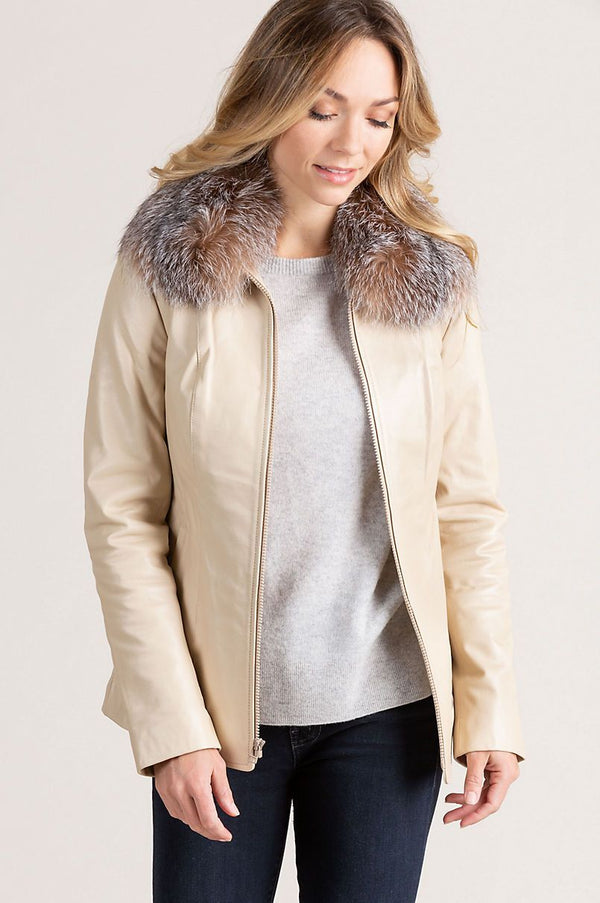 Faye Italian Lambskin Leather Jacket with Detachable Fox Fur Collar