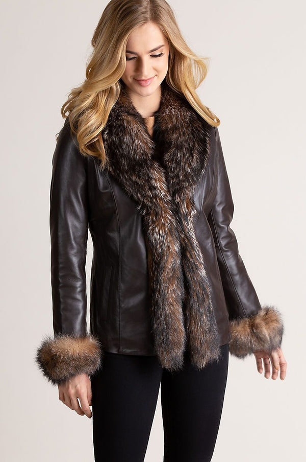 Marilyn Lambskin Leather Jacket with Frosted Fox Fur Trim