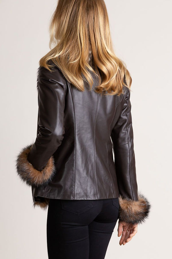 Marilyn Lambskin Leather Jacket with Frosted Fox Fur Trim