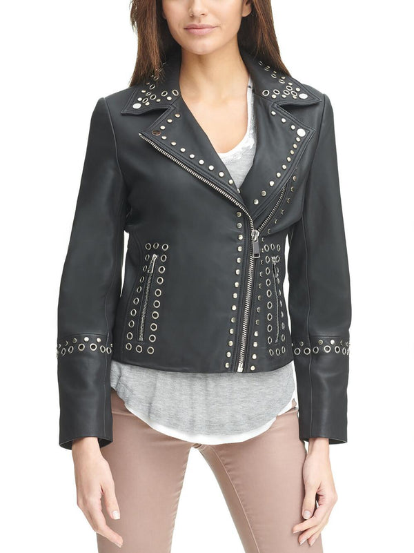 Vintage Stud/Grommet Asymmetrical Leather Jacket