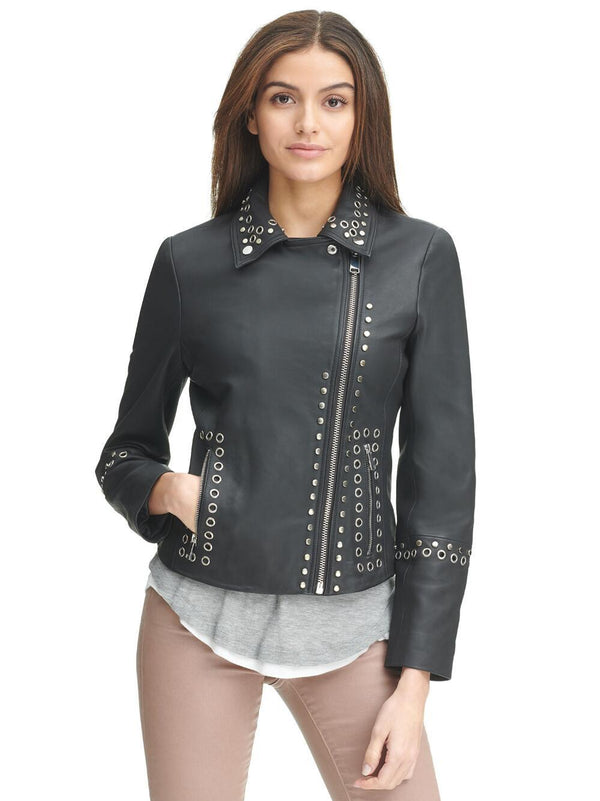 Vintage Stud/Grommet Asymmetrical Leather Jacket