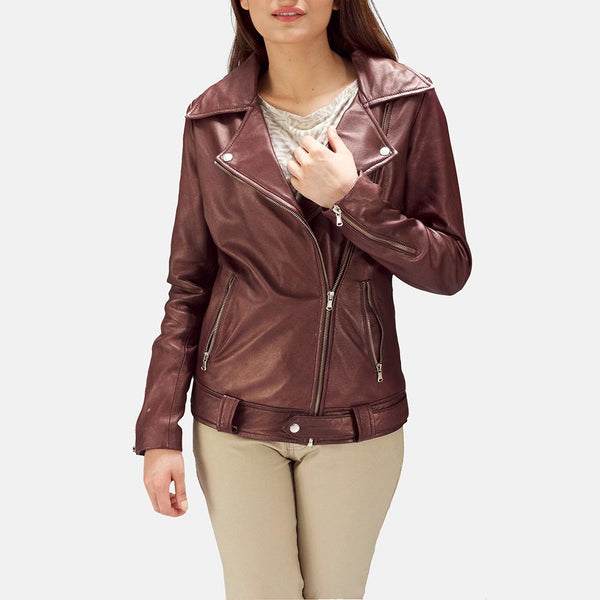 Rumy Maroon Leather Biker Jacket