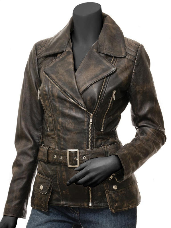 Victoria Womens Brown Leather Biker Jacket