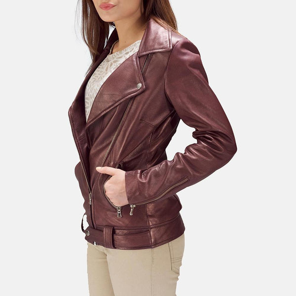 Rumy Maroon Leather Biker Jacket