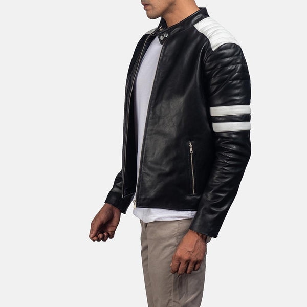 Monza Black & White Leather Biker Jacket