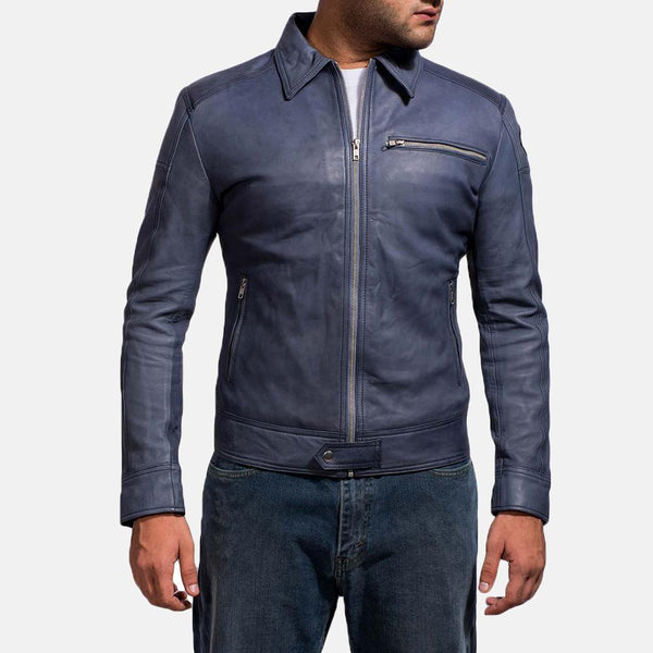 Lavendard Blue Leather Biker Jacket