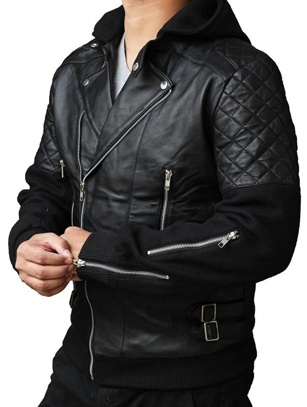 Chris Black Biker Bomber Style Quilted Sleeves Mens Aviator Leather Jacket