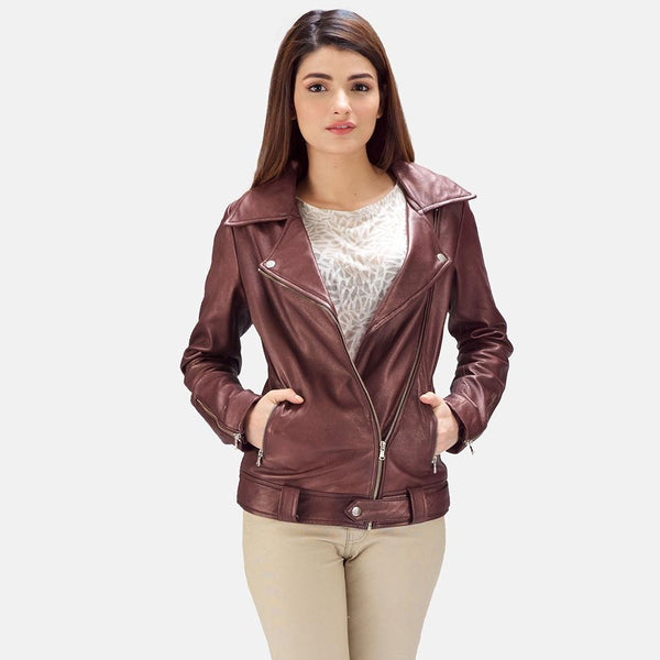 Rumy Maroon Leather Biker Jacket