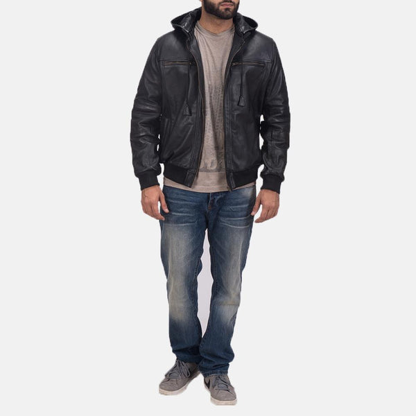 Bouncer Biz Black Leather Bomber Jacket