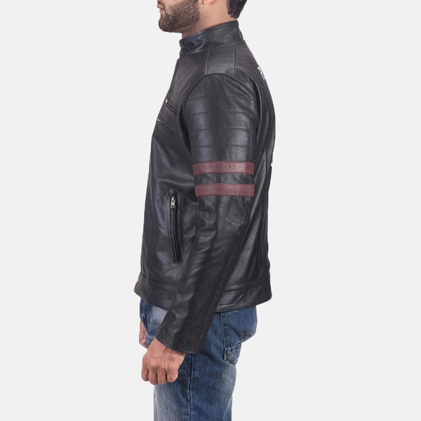 Monza Black & Maroon Leather Biker Jacket