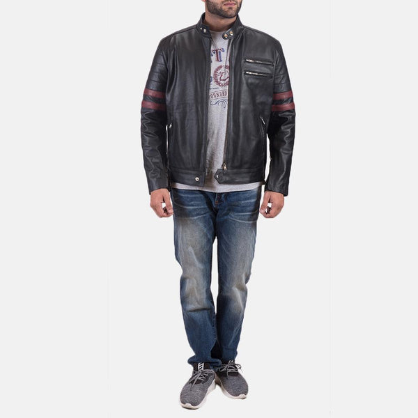 Monza Black & Maroon Leather Biker Jacket