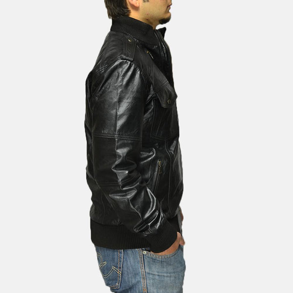 Agent Shadow Black Leather Bomber Jacket