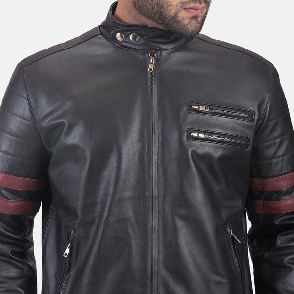 Monza Black & Maroon Leather Biker Jacket