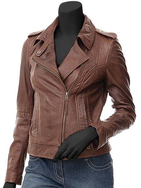 Peggy Womens Brown Leather Moto Jacket