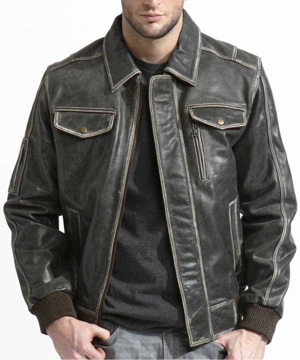 Phoenix Brown Vintage Leather 2 Front Pockets Bomber Jacket