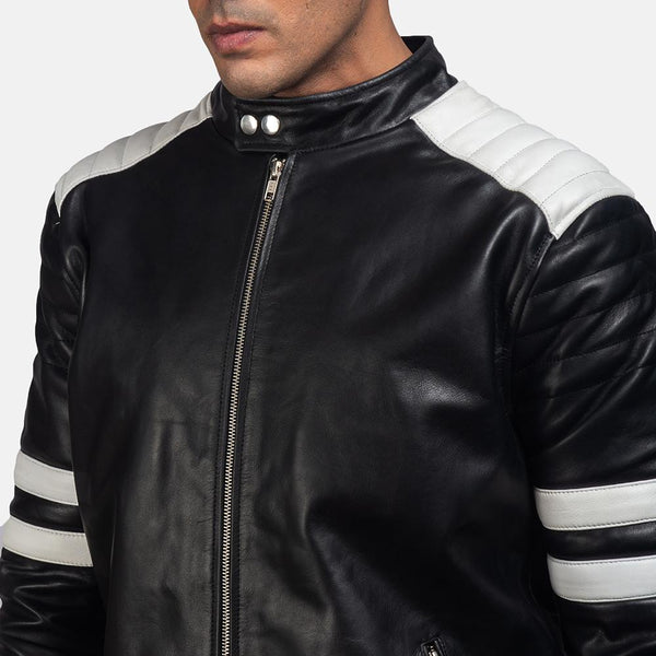 Monza Black & White Leather Biker Jacket