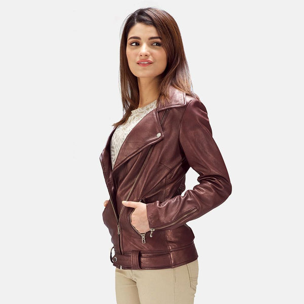 Rumy Maroon Leather Biker Jacket