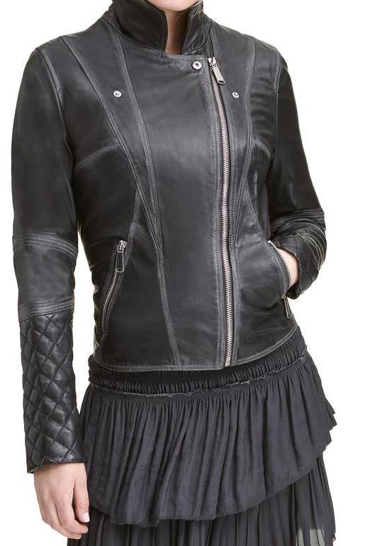 Lexi Black Quilted Asymmetrical Ladies Moto Jacket