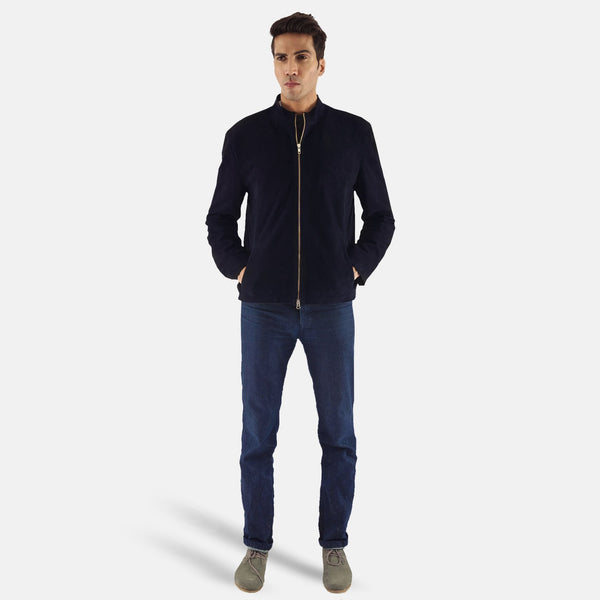 Charcoal Navy Blue Suede Biker Jacket