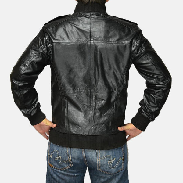 Agent Shadow Black Leather Bomber Jacket