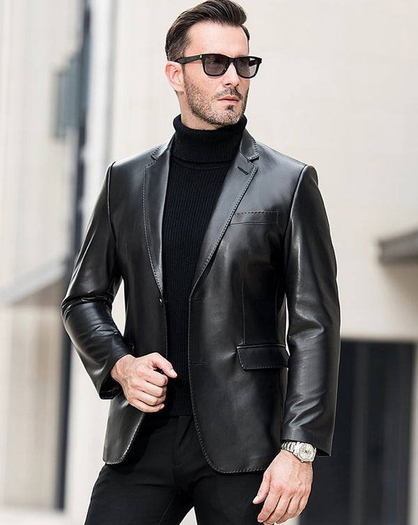 Brandon Black Shiny Mens Leather Blazer Jacket