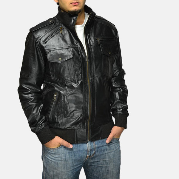 Agent Shadow Black Leather Bomber Jacket