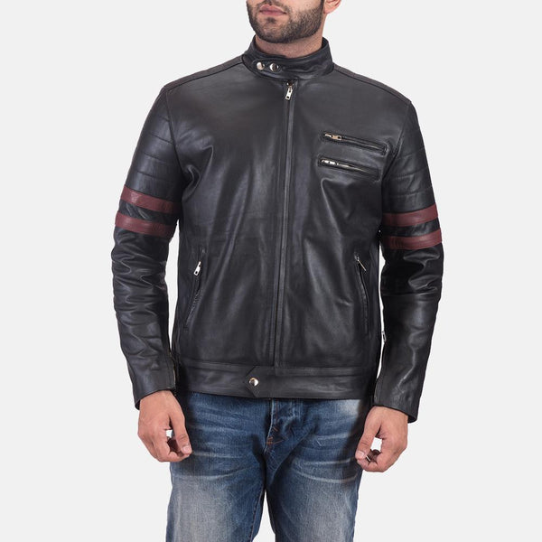 Monza Black & Maroon Leather Biker Jacket