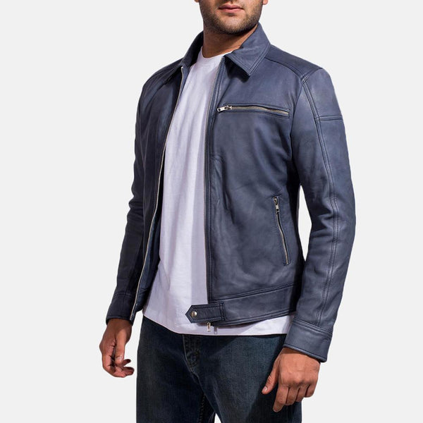 Lavendard Blue Leather Biker Jacket