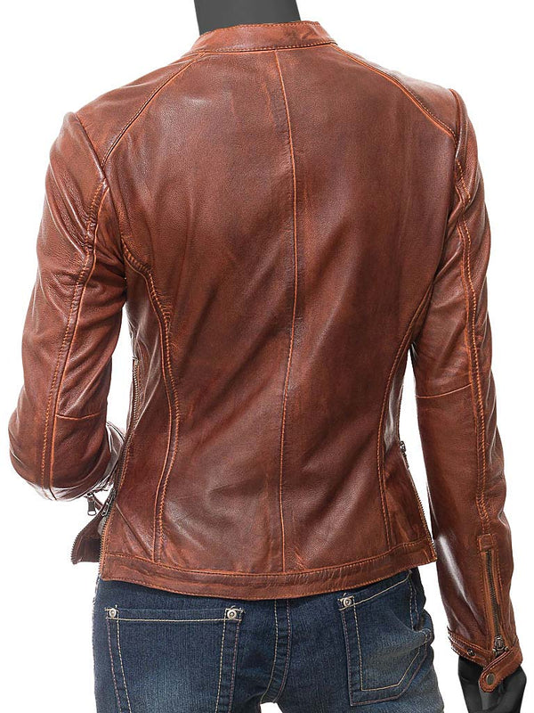 Calgary Tan Leather Biker Jacket Womens