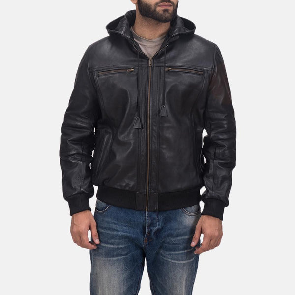 Bouncer Biz Black Leather Bomber Jacket