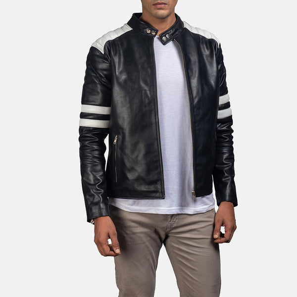 Monza Black & White Leather Biker Jacket